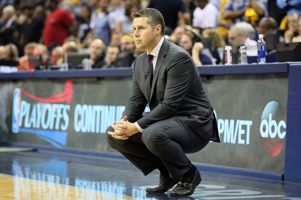 May 15, 2015; Memphis, TN, USA; Memphis Grizzlies head coach Dave Joerger looks on late in the fourth quarter against the Golden State Warriors in game six of the second round of the NBA Playoffs at FedExForum. Warriors defeated the Grizzlies 108-95. Mandatory Credit: Nelson Chenault-USA TODAY Sports